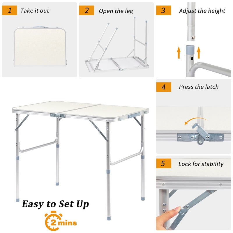 COTINSE 3 FT Adjustable Height Aluminum Folding Table with Carry Handle, Portable Camping Picnic Dining Table for Indoor Outdoor Use, Beige