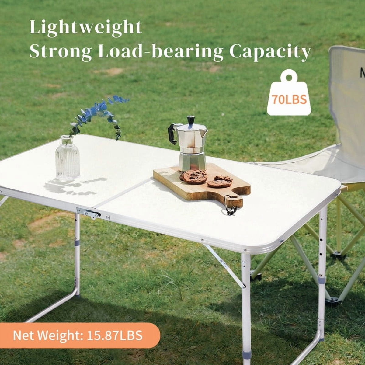 COTINSE 4 FT Adjustable Height Aluminum Folding Table with Carry Handle, Portable Camping Picnic Dining Table for Indoor Outdoor Party, Beige