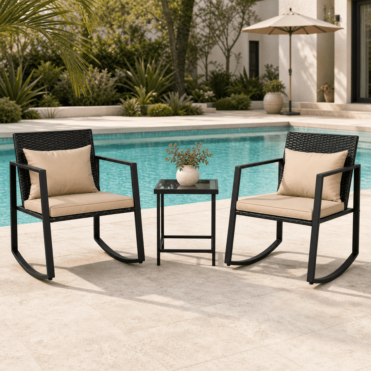 COTINSE 3 Pieces Patio Furniture Set, Outdoor Conversation Set with Coffee Table, PE Wicker Rocking Chairs with Cushions