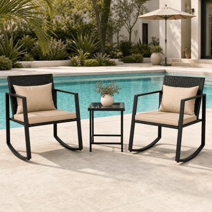 COTINSE 3 Pieces Patio Furniture Set, Outdoor Conversation Set with Coffee Table, PE Wicker Rocking Chairs with Cushions