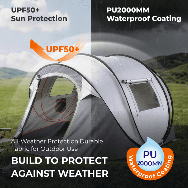 COTINSE Instant Pop Up Camping Tent, 4 Person Waterproof Family Tent with Front Awning, Dual Mesh Doors, Storage Pockets and Carry Bag for Camping, Traveling, Light Gray