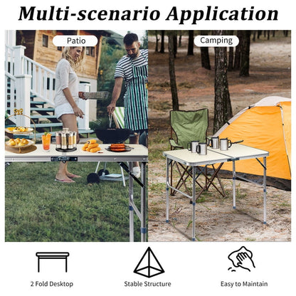 COTINSE 3 FT Adjustable Height Aluminum Folding Table with Carry Handle, Portable Camping Picnic Dining Table for Indoor Outdoor Use, Beige