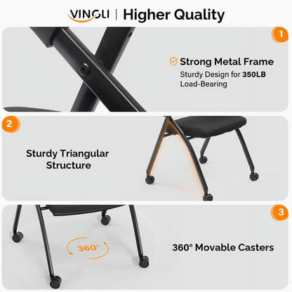 Cotinse 2 Pack Folding Office Chair Stackable Conference Room Chairs with Wheels and Padded Mesh Back Ergonomic for Reception Meeting
