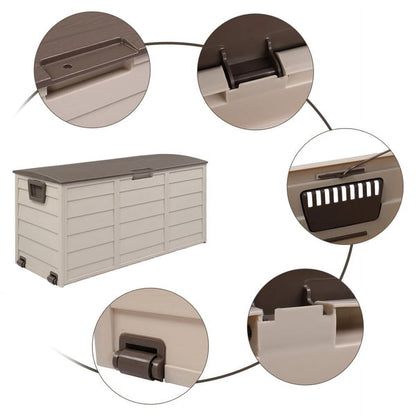 COTINSE 75 Gallon Outdoor Storage Deck Box with Wheels, Weatherproof Resin Garden Chest for Patio Cushions, Pool Toys & Gardening Tools, Brown