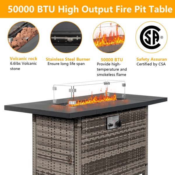 COTINSE 43" Propane Fire Pit Table, 50,000 BTU Outdoor Gas Fire Table with Glass Wind Guard, Lid, Lava Rocks and Wicker Base for Patio, Backyard and Garden, Gray