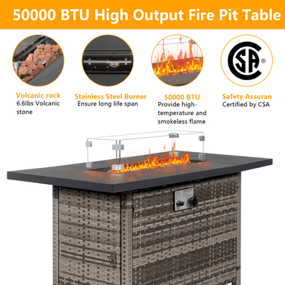 COTINSE 43" Propane Fire Pit Table, 50,000 BTU Outdoor Gas Fire Table with Glass Wind Guard, Lid, Lava Rocks and Wicker Base for Patio, Backyard and Garden, Gray