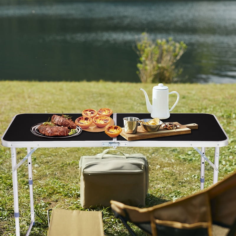COTINSE 4 FT Adjustable Height Aluminum Folding Table with Carry Handle, Portable Camping Picnic Dining Table for Indoor Outdoor Party, Black