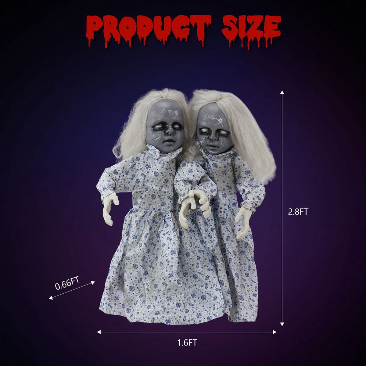 COTINSE 2.8 FT Animatronic Twin Girls Halloween Decoration with Light-Up Eyes, Creepy Sounds & Swaying Bodies, Battery Powered