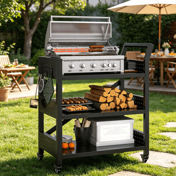COTINSE 3-Tier Outdoor Grill Cart Table with Pegboard, Handle and Locking Wheels, Pizza Oven Stand for BBQ, Patio and Indoor Use, Black