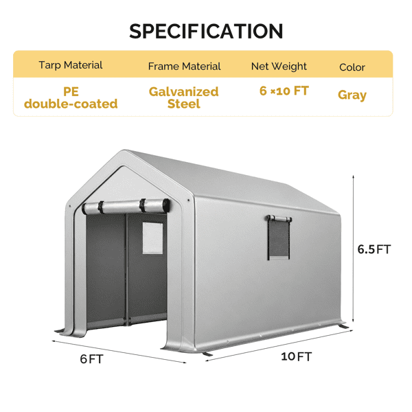 COTINSE 6x10 FT Outdoor Storage Shed, Waterproof Portable Bike Storage Tent with Roll-Up Zipper Door, 2 Windows, Heavy Duty Frame and Ground Stakes for Bicycles, Garden Tools and Firewood