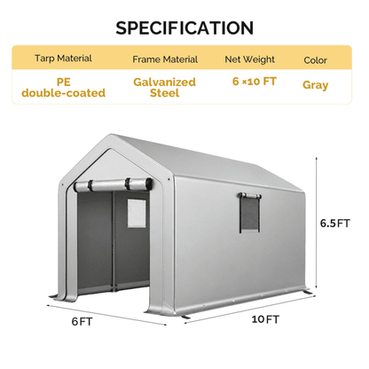 COTINSE 6x10 FT Outdoor Storage Shed, Waterproof Portable Bike Storage Tent with Roll-Up Zipper Door, 2 Windows, Heavy Duty Frame and Ground Stakes for Bicycles, Garden Tools and Firewood