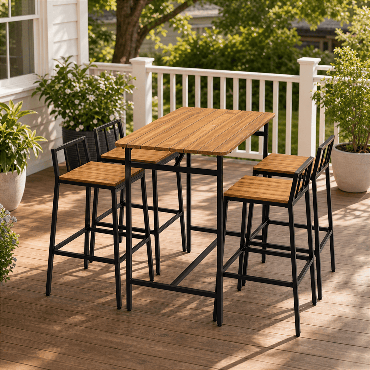 COTINSE 5 Piece Outdoor Patio Dining Set, Acacia Wood Bar Table and 4 Stools, Sturdy Rust-Resistant Iron Frame Counter Height Furniture Set for Garden, Backyard, Poolside