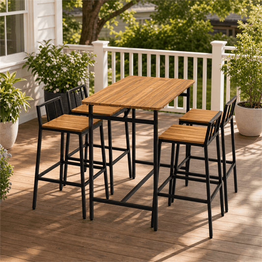 COTINSE 5 Piece Outdoor Patio Dining Set, Acacia Wood Bar Table and 4 Stools, Sturdy Rust-Resistant Iron Frame Counter Height Furniture Set for Garden, Backyard, Poolside