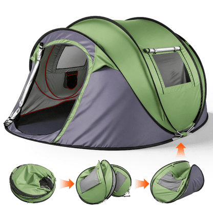 COTINSE Instant Pop Up Camping Tent, 4 Person Waterproof Family Tent with Front Awning, Dual Mesh Doors, Storage Pockets and Carry Bag for Camping, Traveling, Green