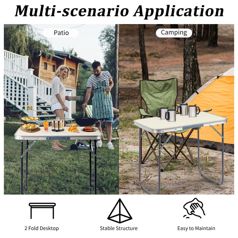 COTINSE 2.3 FT Portable Aluminum Folding Table with Carry Handle, Camping Picnic Dining Table for Indoor Outdoor Party, Beige