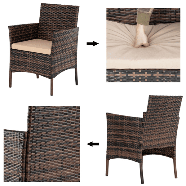 COTINSE 4 Piece Patio Conversation Set, Outdoor PE Rattan Wicker Furniture Set with 2 Armchairs, Loveseat, Tempered Glass Coffee Table & Cushions, Brown