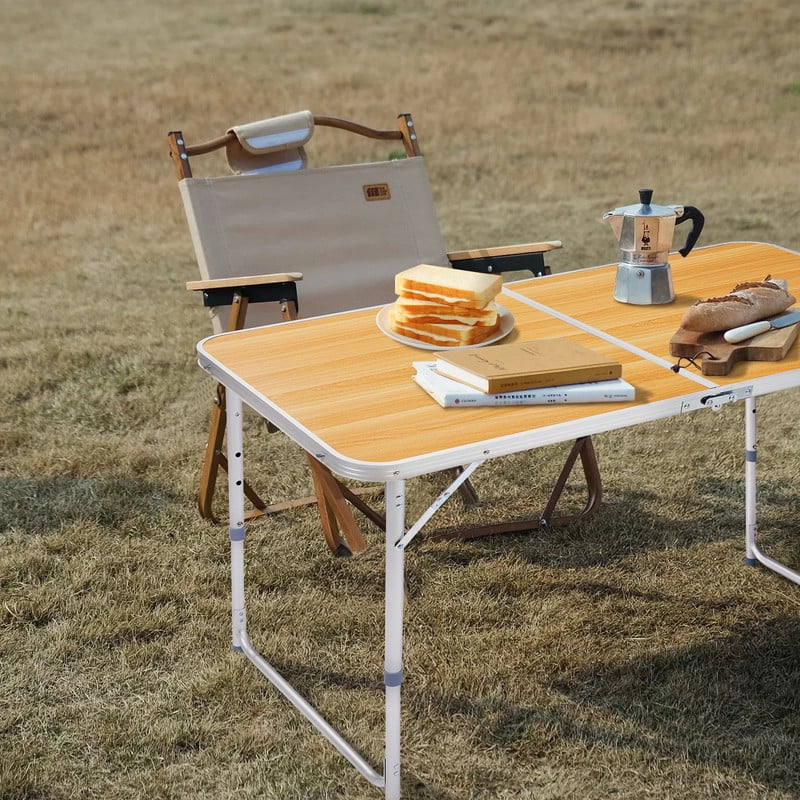 COTINSE 4 FT Adjustable Height Aluminum Folding Table with Carry Handle, Portable Camping Picnic Dining Table for Indoor Outdoor Party, Woodgrain