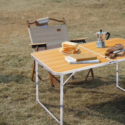 COTINSE 4 FT Adjustable Height Aluminum Folding Table with Carry Handle, Portable Camping Picnic Dining Table for Indoor Outdoor Party, Woodgrain