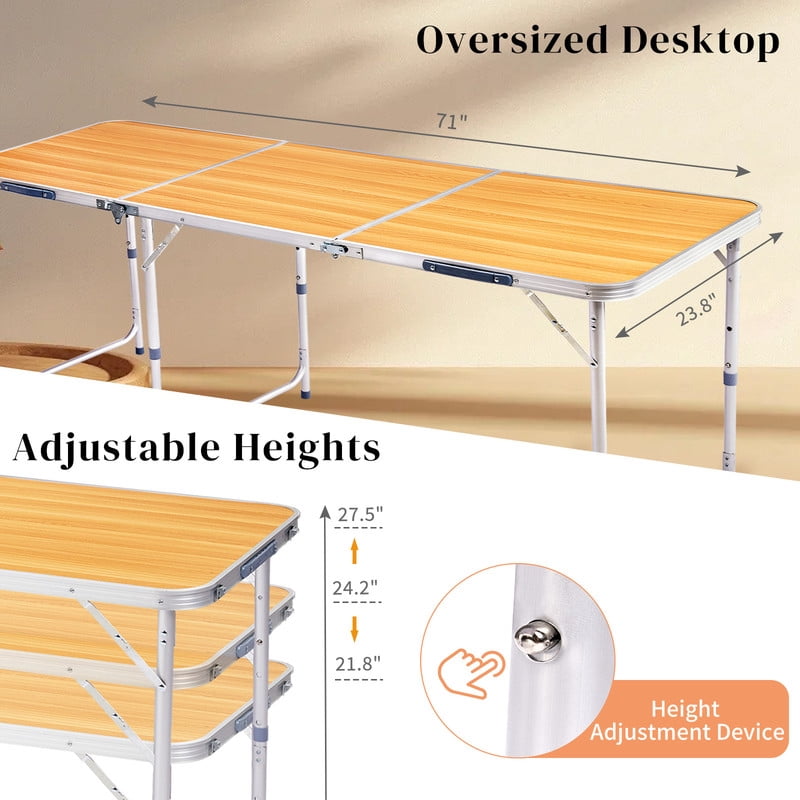 COTINSE 6 FT Adjustable Height Aluminum Folding Table with Carry Handle, Portable Camping Picnic Dining Table for Party Indoor Outdoor Use, Woodgrain