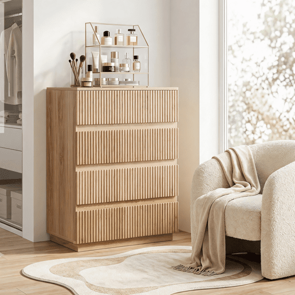 COTINSE 4-Drawer Dresser, Oak Handleless Nightstand with Grille Fronts, Engineered Wood Storage Cabinet for Bedroom, 23.62 in Wide