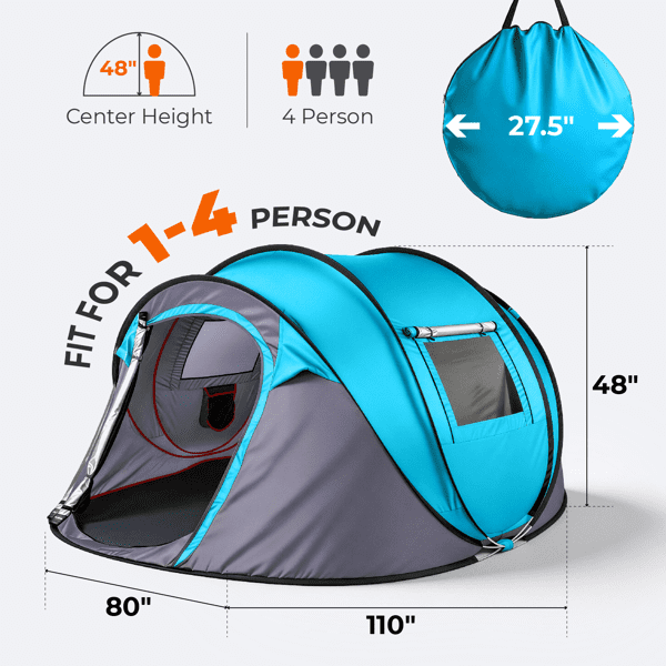 COTINSE Instant Pop Up Camping Tent, 4 Person Waterproof Family Tent with Front Awning, Dual Mesh Doors, Storage Pockets and Carry Bag for Camping, Traveling, Blue