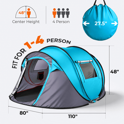 COTINSE Instant Pop Up Camping Tent, 4 Person Waterproof Family Tent with Front Awning, Dual Mesh Doors, Storage Pockets and Carry Bag for Camping, Traveling, Blue