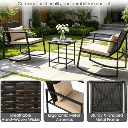 COTINSE 3 Pieces Patio Furniture Set, Outdoor Conversation Set with Coffee Table, PE Wicker Rocking Chairs with Cushions