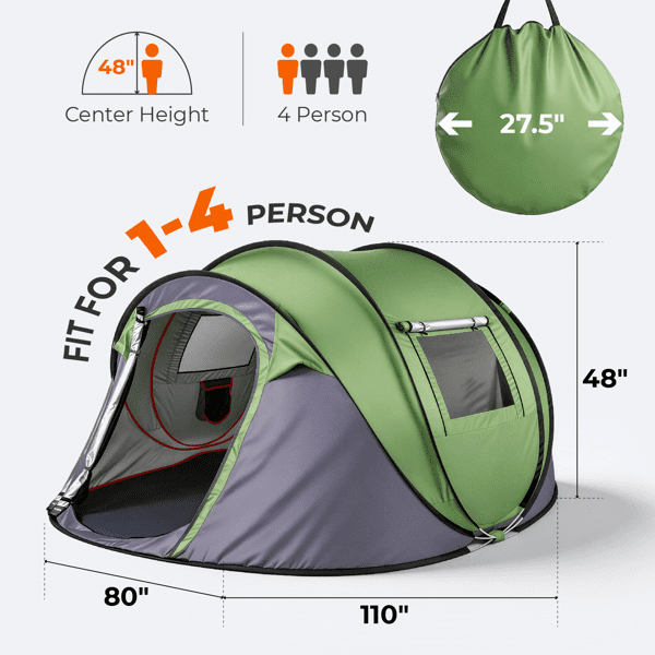 COTINSE Instant Pop Up Camping Tent, 4 Person Waterproof Family Tent with Front Awning, Dual Mesh Doors, Storage Pockets and Carry Bag for Camping, Traveling, Green