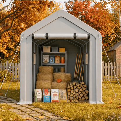 COTINSE 8x10 FT Outdoor Storage Shed, Waterproof Portable Bike Storage Tent with Roll-Up Zipper Door, 2 Windows, Heavy Duty Frame and Ground Stakes for Bicycles, Garden Tools and Firewood