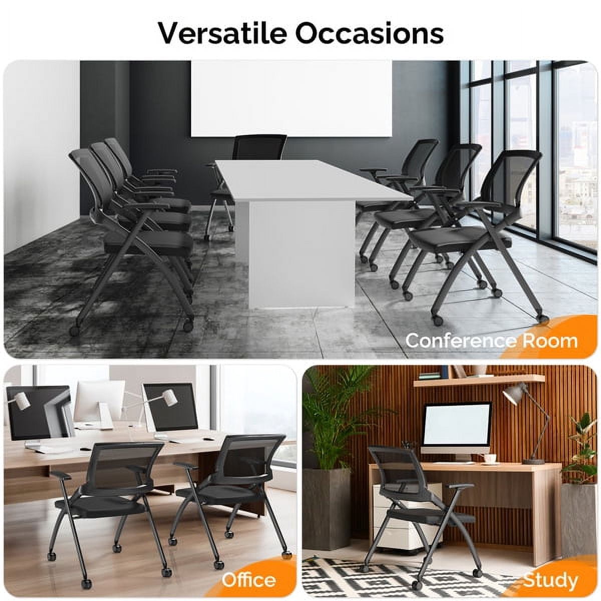 Cotinse Folding Office Chair Stackable Conference Room Chairs with Wheels and Padded Mesh Back Ergonomic for Reception Meeting
