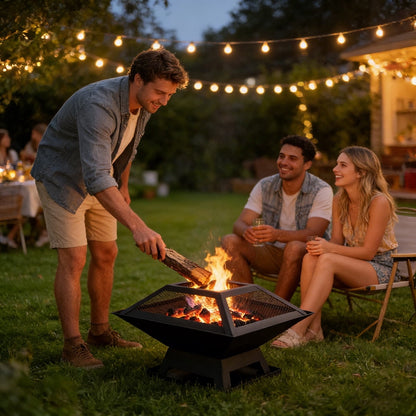 COTINSE 3-in-1 Square Fire Pit for Outside, 19-Inch Wood Burning Fireplace with BBQ Grill, Mesh Lid and Fire Poker, Black - image 5
