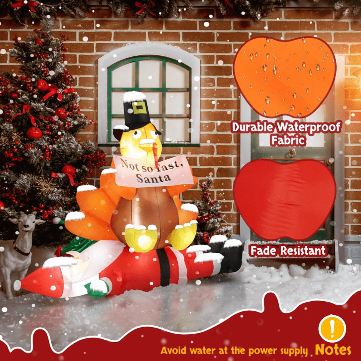 COTINSE 4.9 FT Christmas Inflatable Decorations Outdoor, Turkey Sitting on Santa Claus Blow Up Yard Decoration with Built-in LED Lights