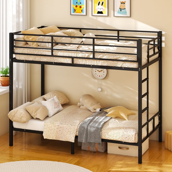 COTINSE Black Twin Over Twin Bunk Bed, Heavy Duty Metal Frame with High Guardrail & Built-in Ladder, Space-Saving Iron Bed for Teens Adults