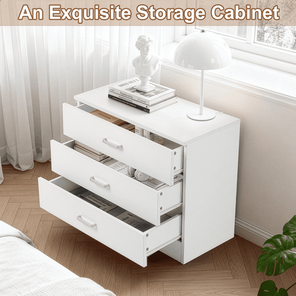 COTINSE 3-Drawer Dresser, White Nightstand Bedside Table, Wide Storage Cabinet with Drawers for Bedroom, Living Room, Home Office