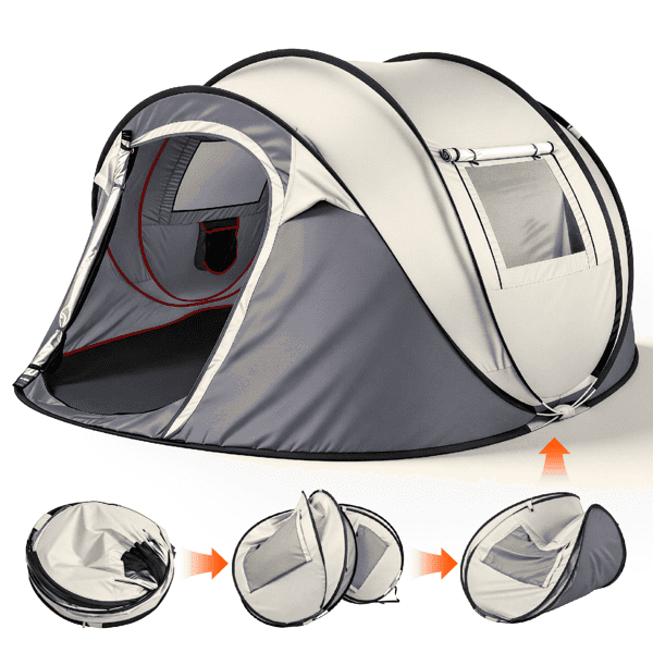COTINSE Instant Pop Up Camping Tent, 4 Person Waterproof Family Tent with Front Awning, Dual Mesh Doors, Storage Pockets and Carry Bag for Camping, Traveling, Khaki