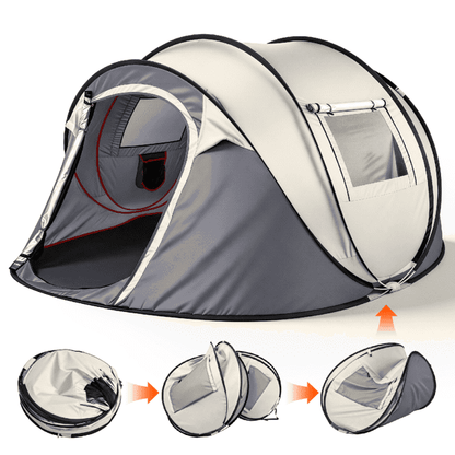 COTINSE Instant Pop Up Camping Tent, 4 Person Waterproof Family Tent with Front Awning, Dual Mesh Doors, Storage Pockets and Carry Bag for Camping, Traveling, Khaki