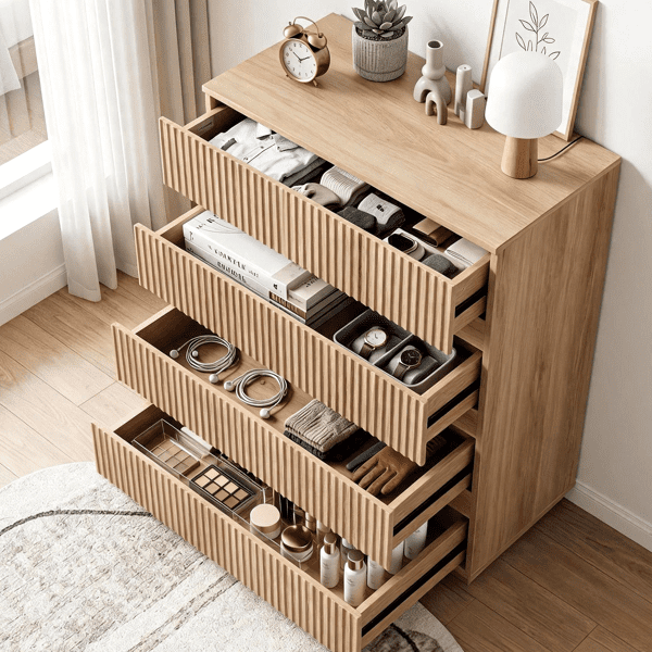 COTINSE 4-Drawer Dresser, Oak Handleless Nightstand with Grille Fronts, Engineered Wood Storage Cabinet for Bedroom, 23.62 in Wide