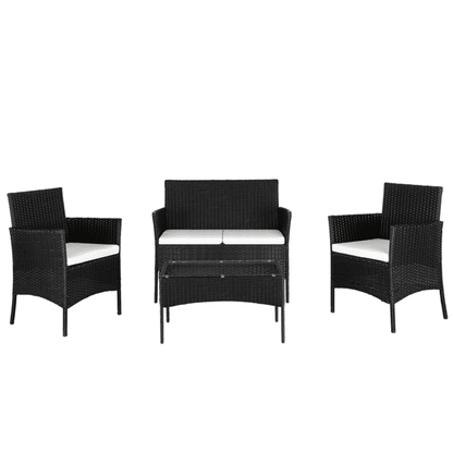COTINSE 4 Piece Patio Conversation Set, Outdoor PE Rattan Wicker Furniture Set with 2 Armchairs, Loveseat, Tempered Glass Coffee Table & Cushions, Black