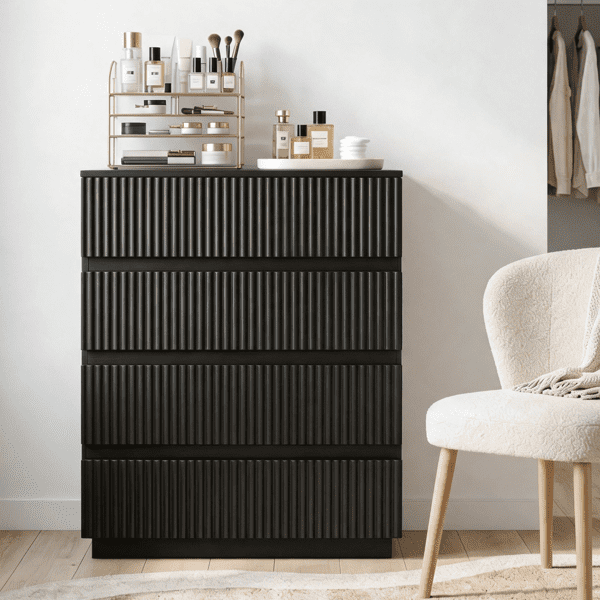 COTINSE 4-Drawer Dresser, Black Handleless Nightstand with Grille Fronts, Engineered Wood Storage Cabinet for Bedroom, 23.62 in Wide