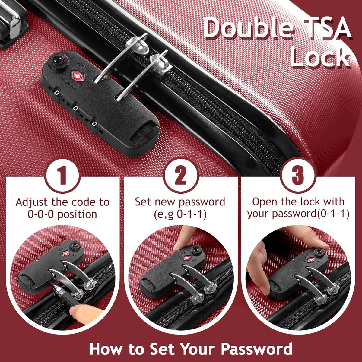 Cotinse 3 Piece Luggage Sets Hardshell Lightweight Suitcase with TSA Lock Spinner Wheels, Wine Red