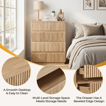 COTINSE 4-Drawer Dresser, Oak Handleless Nightstand with Grille Fronts, Engineered Wood Storage Cabinet for Bedroom, 23.62 in Wide