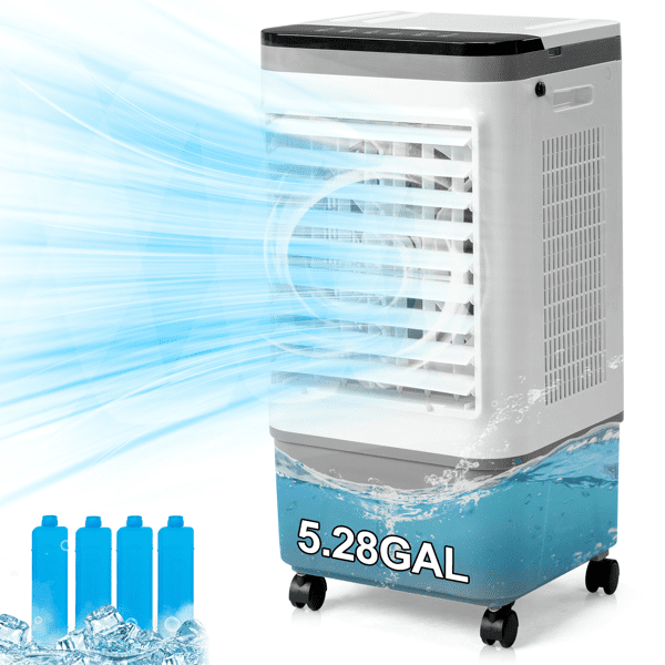 COTINSE 3-in-1 Portable Evaporative Air Cooler with Remote, 461 CFM Swamp Cooler with 5.28 Gal Water Tank, 4 Ice Packs, 12H Timer and Casters, Gray and White