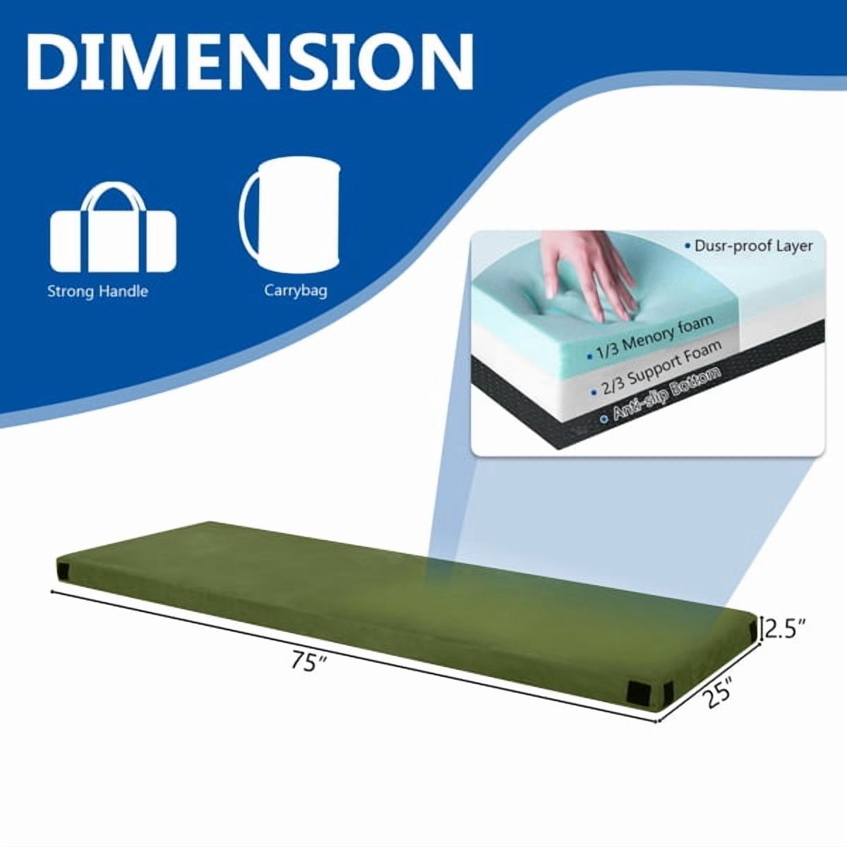 Cotinse 3 Inch Memory Foam Camping Mattress Pad, CertiPUR-US Sleeping Mat Portable Roll Up Mattress for Travel Truck Guest Bed Tent with Travel Bag