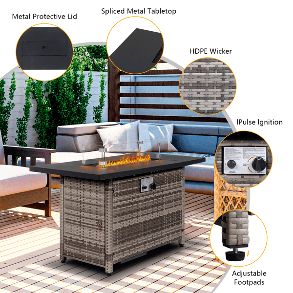 COTINSE 43" Propane Fire Pit Table, 50,000 BTU Outdoor Gas Fire Table with Glass Wind Guard, Lid, Lava Rocks and Wicker Base for Patio, Backyard and Garden, Gray