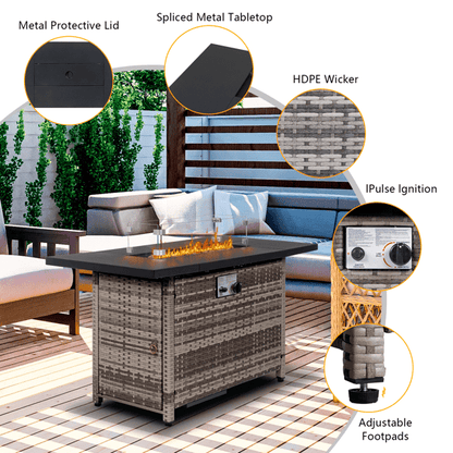 COTINSE 43" Propane Fire Pit Table, 50,000 BTU Outdoor Gas Fire Table with Glass Wind Guard, Lid, Lava Rocks and Wicker Base for Patio, Backyard and Garden, Gray