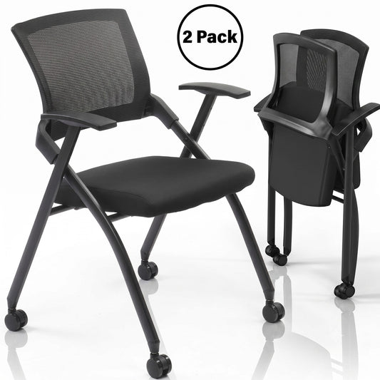 Cotinse 2 Pack Folding Office Chair Stackable Conference Room Chairs with Wheels and Padded Mesh Back Ergonomic for Reception Meeting