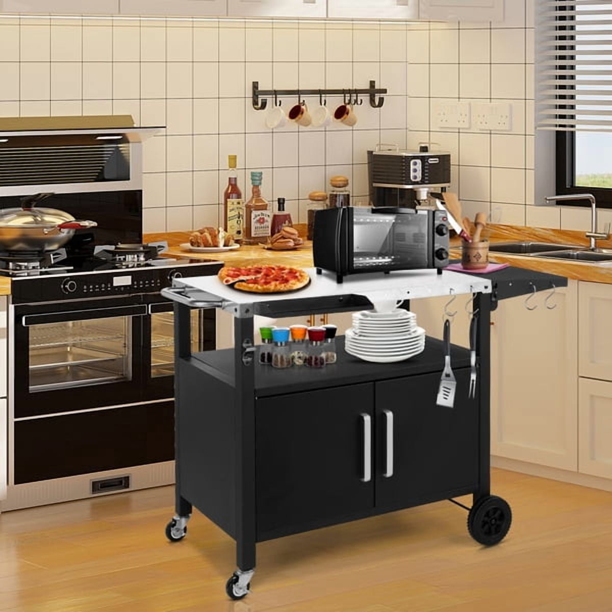 Cotinse Outdoor Grill Cart with Storage Cabinet, Outdoor Kitchen Island on Wheels, BBQ Grill Prep Table Movable Patio Storage Counter Foldable Tabletop, Black