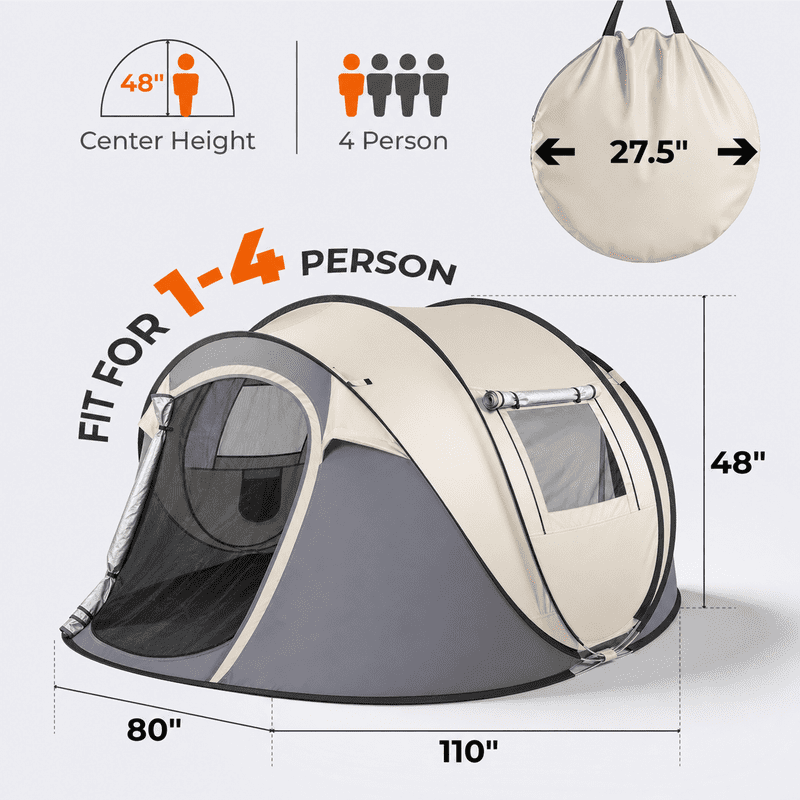 COTINSE Instant Pop Up Camping Tent, 4 Person Waterproof Family Tent with Front Awning, Dual Mesh Doors, Storage Pockets and Carry Bag for Camping, Traveling, Khaki