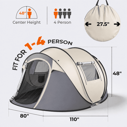 COTINSE Instant Pop Up Camping Tent, 4 Person Waterproof Family Tent with Front Awning, Dual Mesh Doors, Storage Pockets and Carry Bag for Camping, Traveling, Khaki
